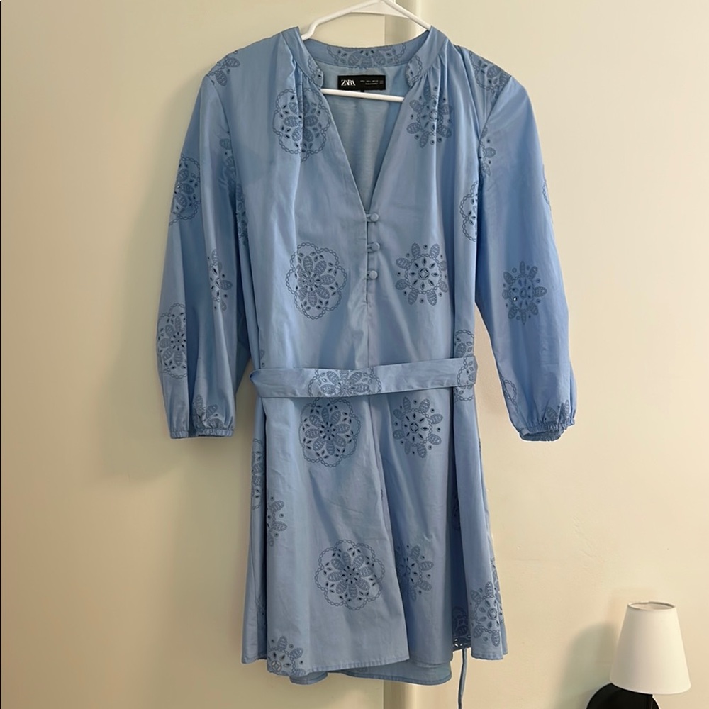 Zara Blue V-Neck Bishop Sleeve Sundress